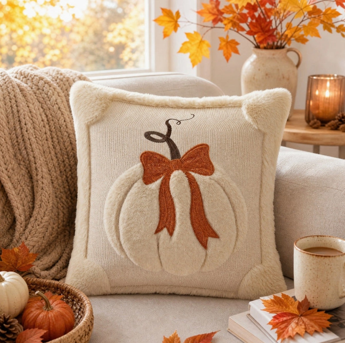Cozy Soft Pumpkin with Bow Accent Pillow Beige