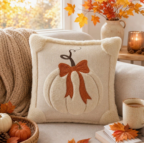 Cozy Soft Pumpkin with Bow Accent Pillow Beige