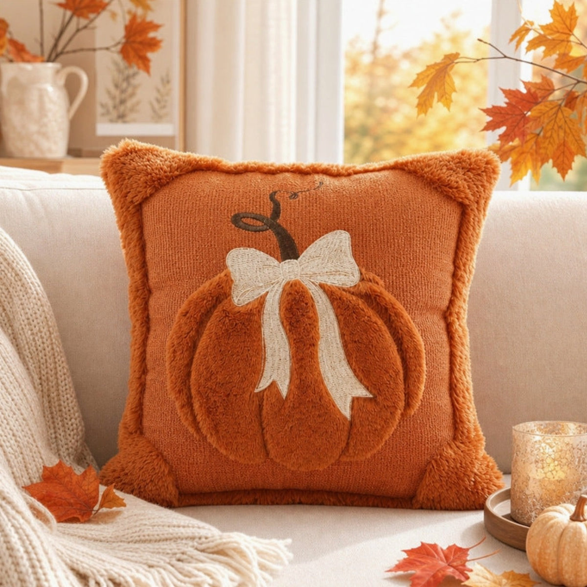 Cozy Soft Pumpkin with Bow Accent Pillow Orange