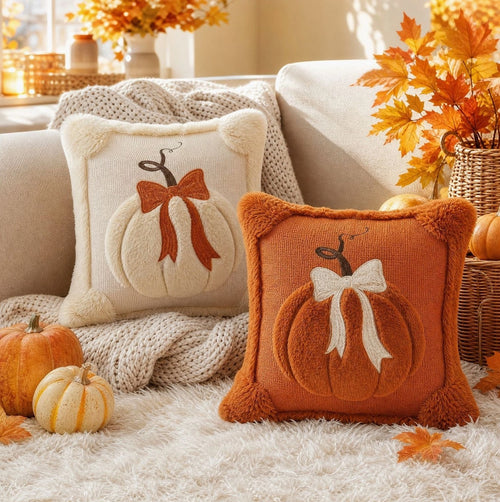 Cozy Soft Pumpkin with Bow Accent Pillow Orange and Beige