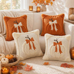 Cozy Soft Pumpkin with Bow Accent Pillow Orange and Beige 2