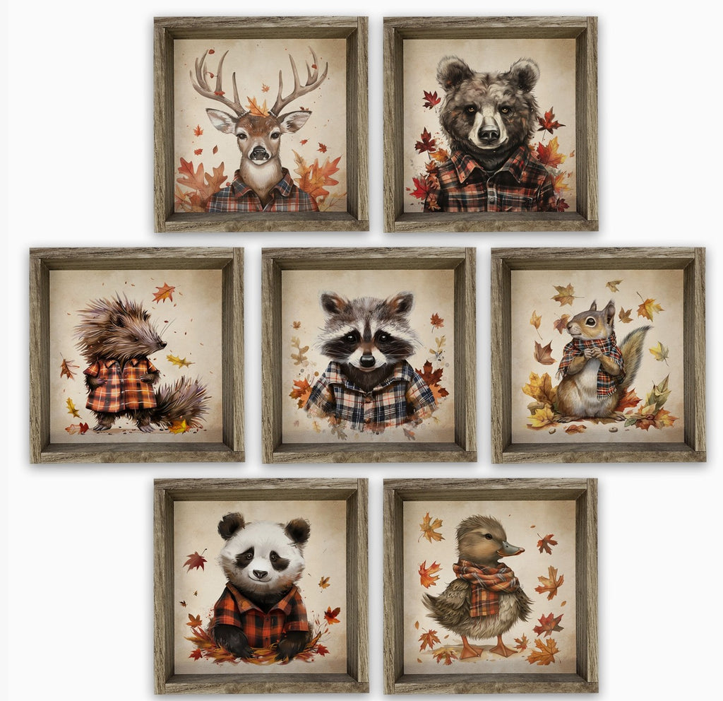 Fall Flannel Woodland Animals - Wood Signs for Autumn Vibe
