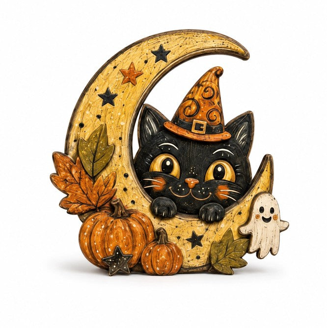 Whimsical Halloween Wooden Table Decor Display - Black Cat