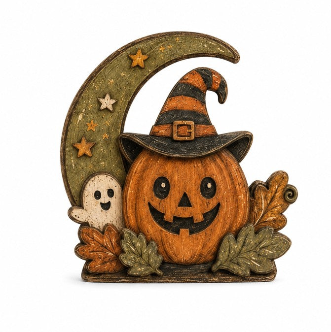 Whimsical Halloween Wooden Table Decor Display - Pumpkin in Witch Hat